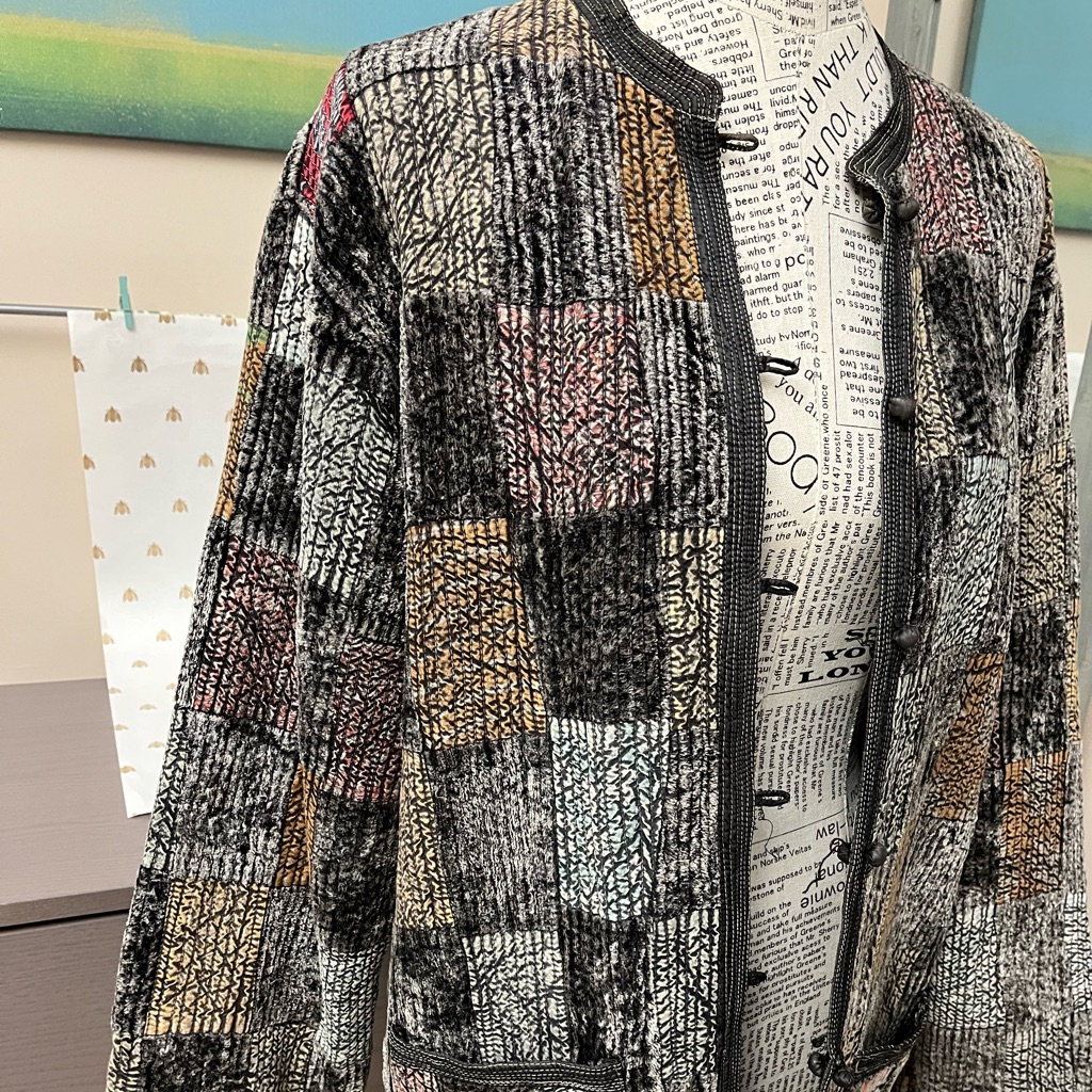 Vintage Patchwork China Collar Satin Like Fabric Button Up Reversible Jacket M